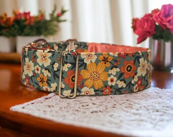 Martingale Dog Collars, Botanica floral fabric on Green Backgound,  2" Wide 1.5" Wide 1" Wide