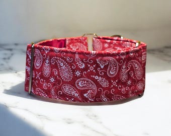 Martingale Dog Collar, White Paisley on Red Background,  2"  1.5" or 1" Wide
