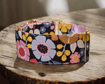 Floral Martingale Dog Collar: Banquet Flowers, Navy Background
