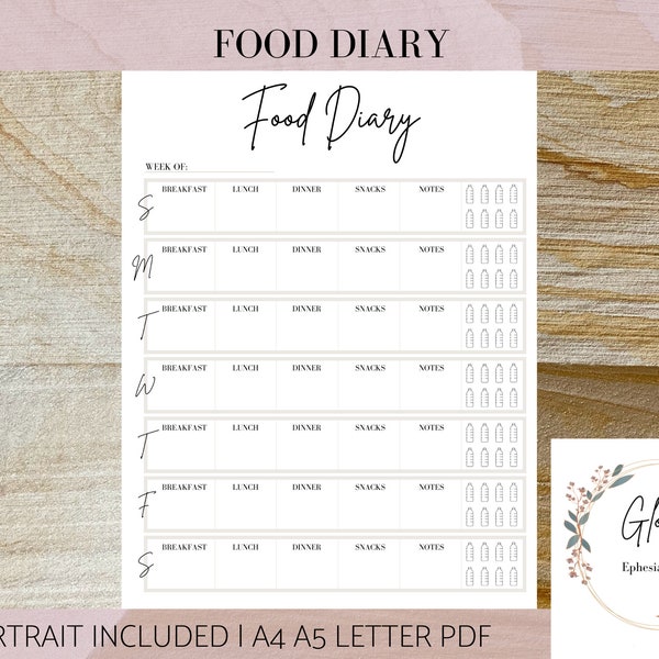 Food Diary, Food Log, Printable, Print at Home Planner Insert, Health, Diet, Meal Tracker, Life Binder Insert, Organizational Tool