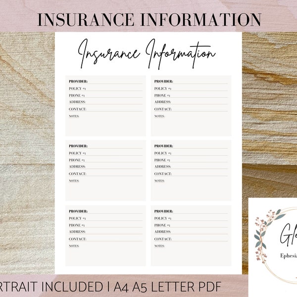 Insurance Info Printable, Insurance Contact List, Insurance Log, Print at Home Planner Inserts, Insurance, Organizational Printable