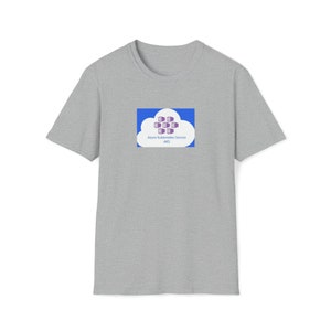 May include: A gray t-shirt featuring a graphic of a cloud with the text "Azure Kubernetes Service AKS" in a blue rectangle. The cloud graphic has purple and white elements. The t-shirt is made of a soft material.