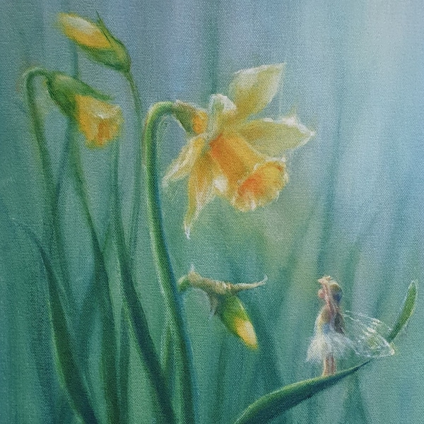 Daffodil fairy green yellow magical art giclee print picture Here Comes The Sun