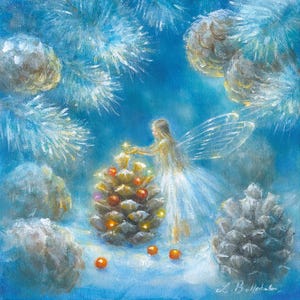 May include: An oil painting depicts a fairy decorating a pinecone Christmas tree with ornaments and lights. The fairy wears a white dress and has translucent wings. The background is a soft blue with pine branches and pinecones.