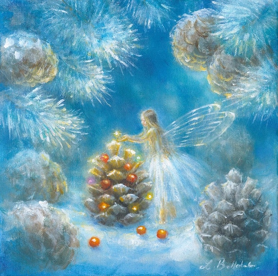 Fairy with pine cone Christmas Card. Blank inside