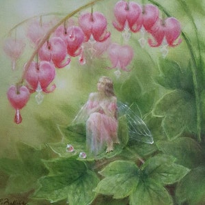 May include: A painting of a fairy sitting on a leaf under a cascade of pink bleeding heart flowers. The fairy is wearing a pink dress and has delicate wings.