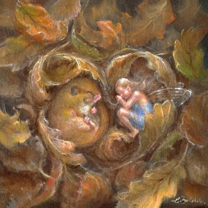 May include: A painting of a sleeping fairy with wings and a sleeping dormouse in a nest of autumn leaves.
