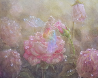 Fairy birthday card with pink rose and rainbow, blank inside