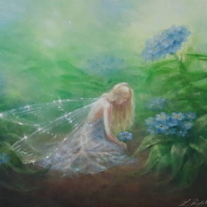 May include: A painting of a fairy with translucent wings, wearing a white dress, kneeling in a field of blue forget-me-not flowers. The background is a soft green.