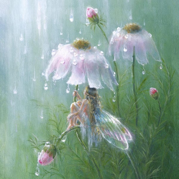 Fairy and pink flower Giclee art print, 'It can't rain all the time'