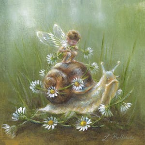 May include: A charming oil painting shows a fairy on a snail, surrounded by daisies. The fairy has delicate wings and sits on the snail's shell. The snail is cream-coloured, and the background is a soft green, evoking a sense of fantasy.