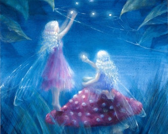 May include: Two fairies with white wings and long blonde hair are decorating a mushroom with glowing lights. The fairies are wearing pink and blue dresses and are standing on a mushroom with red and white polka dots. The background is a blue sky with white clouds.