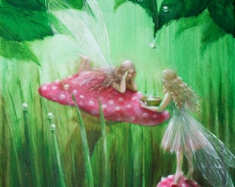 May include: An oil painting depicts two fairies in a whimsical forest scene. One fairy reclines on a red mushroom with white spots, while another stands nearby, holding a small bowl. The background features lush green foliage and tall grass.