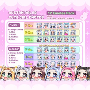 Cute Cat Girl 12 Emotes Pack| Custom Color | Anime style | Chibi | Twitch /Discord /Youtube | Cute| Kawaii | Kitty Cat | Emoji