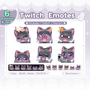 Lindo gato negro x6 / Versión B / Paquete de gestos chibi / Twitch / Discord / YouTube / insignia / Gato kawaii / Gatito
