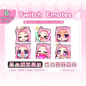 Lindos gestos de chica gata x6 / Cabello rosado, ojos morados (versión B) / Paquete de gestos chibi / Twitch/Discord/Youtube/insignia / Kawaii / Gatita / Emoji