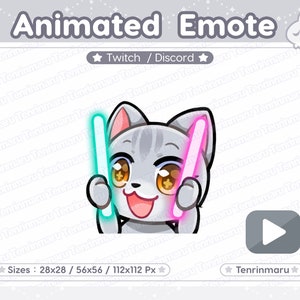 Emote animata / Emote con bastoncino luminoso / Gatto grigio carino / Twitch/Discord/Youtube / Gatto kawaii/Gatto
