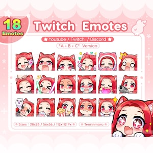 18 emotes jolie fille chat | Cheveux roux Yeux rouges (Ver A+B+C) | Pack d'émoticônes Chibi | Twitch/Discord/Youtube/badge | Kawaii | minou | Emoji