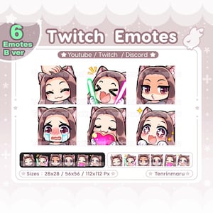 Cute Cat Girl emotes x6 | Brown hair Brown eyes (B Ver) | Chibi Emotes Pack | Twitch/Discord/Youtube/badge | Kawaii | Kitty Cat  | Emoji