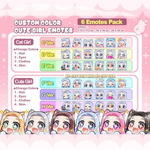 Cute Cat Girl Emotes | 6 Emotes Pack | Custom Color | Anime style | Chibi | Twitch /Discord /Youtube | Cute| Kawaii | Kitty Cat | Emoji