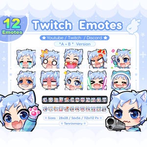12 lindos gestos de chico gato / Cabello azul claro, ojos azules (versión A+B) / Paquete de gestos chibi / Twitch/Discord/Youtube/insignia /Gatito / Emoji /Kawaii
