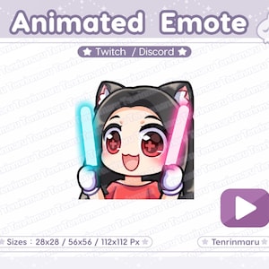 アニメーションエモート | グロースティックエモート | かわいい猫の女の子 | 黒髪赤目 | Twitch/Discord/Youtube | かわいい猫/子猫