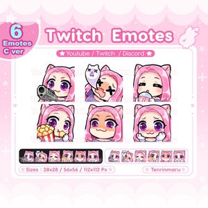 かわいい猫娘の絵文字 x6 | ピンク髪、紫の目 (C バージョン) | ちび絵文字パック | Twitch/Discord/Youtube/バッジ | かわいい | 子猫 | 絵文字