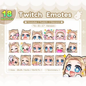 Lindos gestos de chica gata x18 / Cabello rubio, ojos azules (versión A+B+C) / Paquete de gestos chibi / Twitch/Discord/Youtube/insignia / Kawaii / Gatita / Emoji