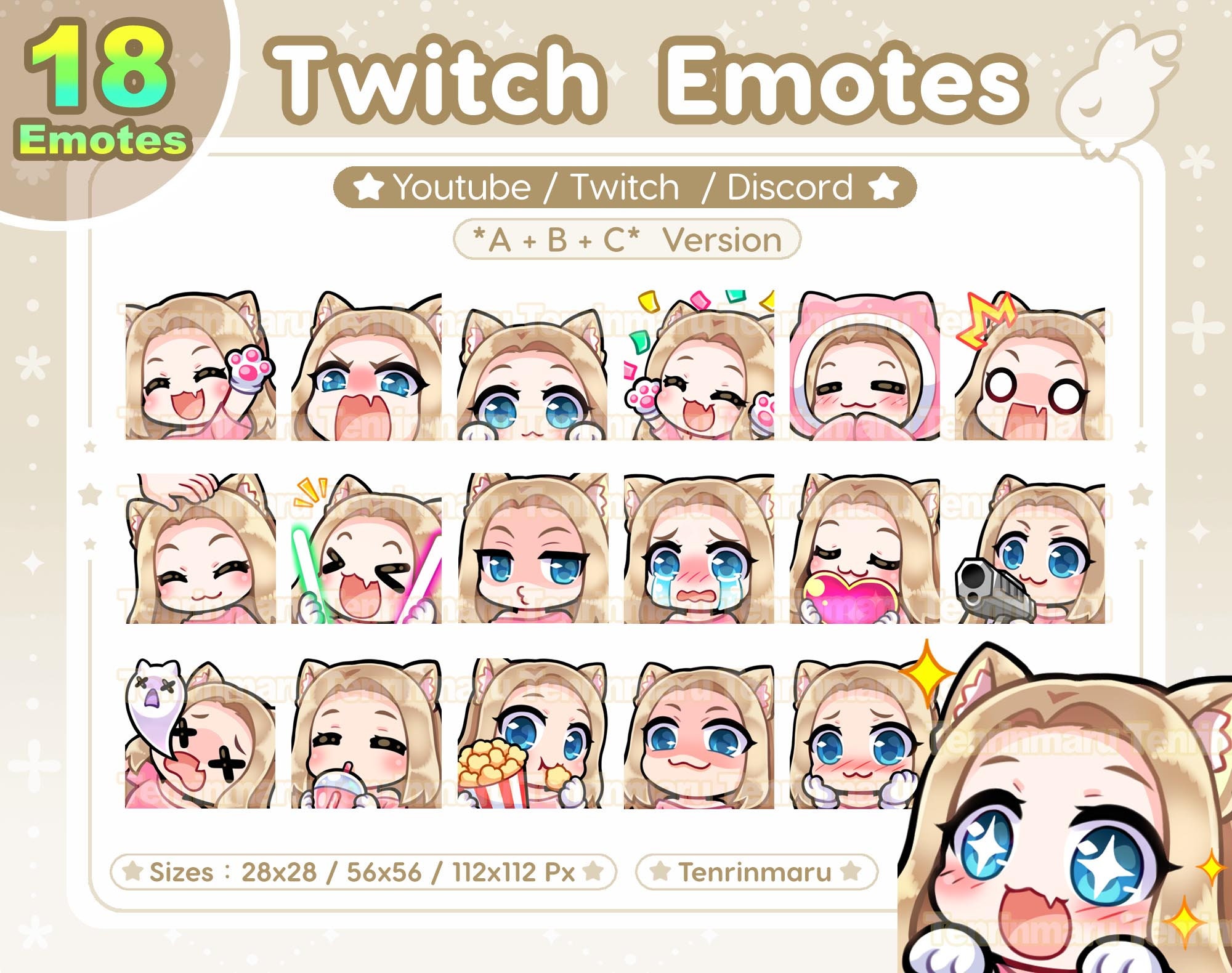 Cute Cat Girl Emotes X18 Blonde Hair Blue Eyes ABC Ver Chibi Emotes ...