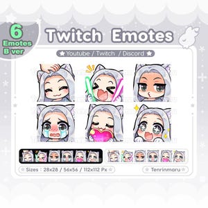 Cute Cat Girl emotes x6 | Silver hair Gray eyes (B Ver) | Chibi Emotes Pack | Twitch/Discord/Youtube/badge | Kawaii | Kitty Cat  | Emoji