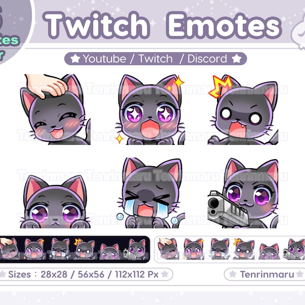 Mignon chat noir x6 | Version B | Pack d'émoticônes Chibi | Twitch/Discord/Youtube/insigne | Chat kawaii/chat minou