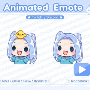 以下が含まれることがあります： TwitchとDiscordのアニメーションエモート。青い髪のキャラクターが青いパーカーと白い猫耳のヘッドバンドを着用しています。キャラクターは笑顔で、頭に小さな黄色い鳥が乗っています。エモートは3つのサイズで利用できます: 28x28、56x56、112x112ピクセル。