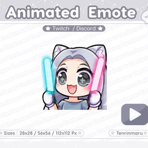 Pode incluir: Emoticon animado para Twitch e Discord com um personagem de desenho animado com cabelo branco, olhos azuis e um bastão de luz rosa e azul em cada mão. O personagem está vestindo uma camisa azul claro e luvas brancas. O emoticon está disponível em três tamanhos: 28x28, 56x56 e 112x112 pixels.