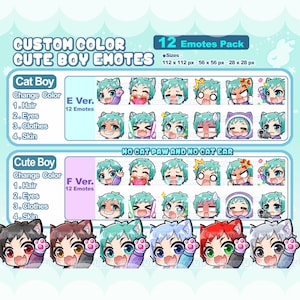 Cute Cat Boy 12 Emotes Pack| Custom Color | Anime style | Chibi | Twitch /Discord /Youtube | Cute| Kawaii | Kitty Cat | Emoji