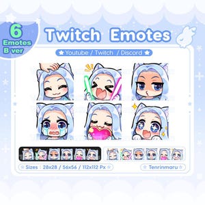 Cute Cat Girl emotes x6 | Light blue hair blue eyes (B Ver) | Chibi Emotes Pack | Twitch/Discord/Youtube/badge | Kawaii | Kitty Cat  | Emoji