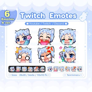 Cute Cat Boy emotes x6 | Light blue hair Blue eyes (A Ver) | Chibi Emotes Pack | Twitch/Discord/Youtube/badge | Kawaii | Kitty Cat  | Emoji