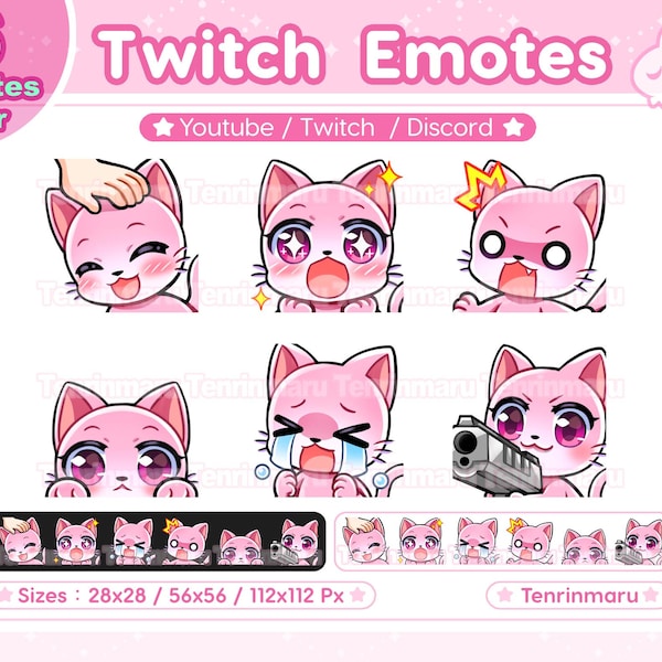 Chat rose mignon x6 | Version B | Pack d'émoticônes Chibi | Twitch/Discord/Youtube/insigne | Chat kawaii/chat minou