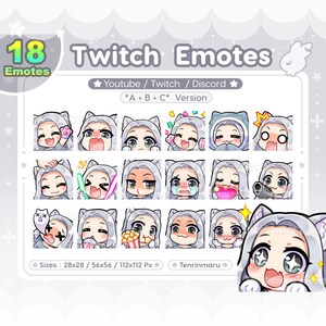 Lindos gestos de chica gata x18 / Cabello plateado, ojos grises (versión A+B+C) / Paquete de gestos chibi / Twitch/Discord/Youtube/insignia / Kawaii / Gatita / Emoji