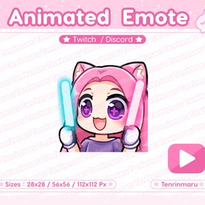 Emote animata / Emote con bastoncino luminoso / Ragazza gatto carina / Capelli rosa Occhi viola / Twitch/Discord/Youtube / Gatto kawaii/Gatto