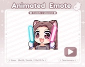 Animated Emote | Glow Stick Emote | Cute Cat Girl | Brown hair Brown eyes | Twitch/Discord/Youtube | Kawaii cat/Kitty Cat