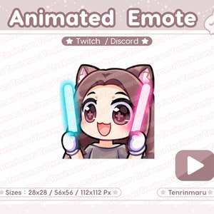 Animated Emote | Glow Stick Emote | Cute Cat Girl | Brown hair Brown eyes | Twitch/Discord/Youtube | Kawaii cat/Kitty Cat