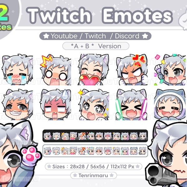 Cute Cat Boy emotes x12 | Silver hair Gray eyes (A+B Ver) | Chibi Emotes Pack | Twitch/Discord/Youtube/badge | Kawaii | Kitty Cat  | Emoji