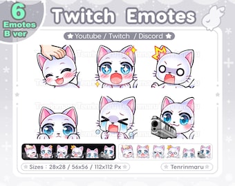 Cute White Cat x6 | B Ver | Blue eyes & Green eyes Ver | Chibi Emotes Pack | Twitch/Discord/Youtube/badge | Kawaii cat/Kitty Cat