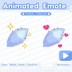 Geanimeerde emote | Schattige staartkwispelen | Lichtblauwe kleur | harten | schittert | wolf |  vos | pluizig | Kawaiikat/katkat | Twitch/Discord
