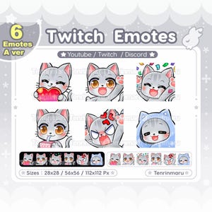 Cute Grey Cat x6 | A Ver | Chibi Emotes Pack | Twitch/Discord/Youtube/badge | Kawaii cat/Kitty Cat