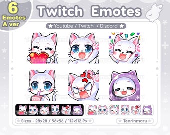Cute White Cat x6 | A Ver | Blue eyes & Green eyes Ver | Chibi Emotes Pack | Twitch/Discord/Youtube/badge | Kawaii cat/Kitty Cat