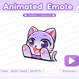 May include: Animated purple cat emote with large eyes and a pink nose, looking to the right and sticking its tongue out. The emote is in a cartoon style and is suitable for use on Twitch or Discord. The text "Twitch / Discord" and "Tenrinmaru" are also visible in the image.