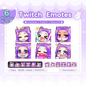 Cute Cat Girl emotes x6 | Purple hair Purple eyes (B Ver) | Chibi Emotes Pack | Twitch/Discord/Youtube/badge | Kawaii | Kitty Cat  | Emoji