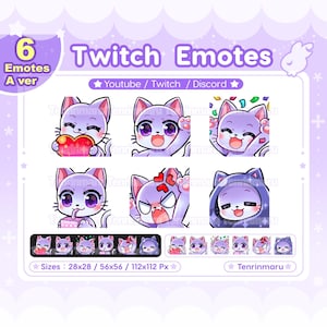 Schattige paarse kat x6 | Een versie | Chibi-emotespakket | Twitch/Discord/Youtube/badge | Kawaiikat/katkat