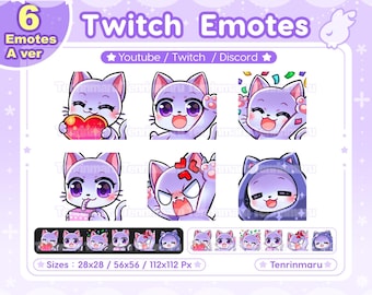 Cute Purple Cat x6 | A Ver | Chibi Emotes Pack | Twitch/Discord/Youtube/badge | Kawaii cat/Kitty Cat